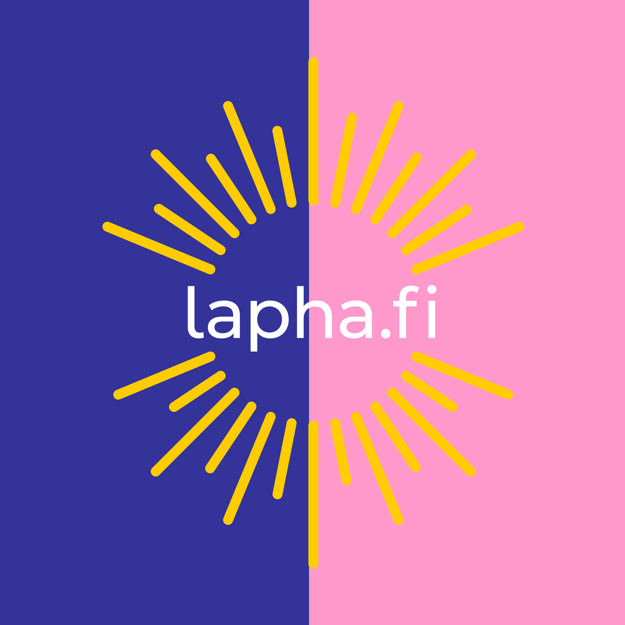Lapin hyvinvointialueen logo. Puoleksi sinisen ja puoleksi vaaleanpunaisen taustan päällä keltainen loiste-elementti, jonka keskellä lukee lapha.fi.